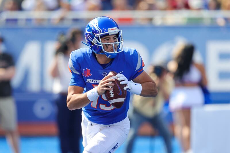 Boise State quarterback Hank Bachmeier (19) scrambles with the ball against Tennessee-Martin in the first half of an NCAA college football game, Saturday, Sept. 17, 2022, in Boise, Idaho. Boise State won 30-7.