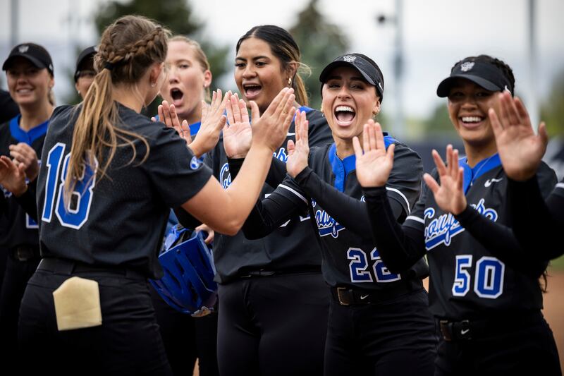 BYU softball players celebrate during game against Pacific during the 2023 season.