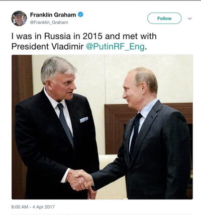 Franklin Graham tweeted a photo of meeting with Russian President Vladimir Putin in April 2017.