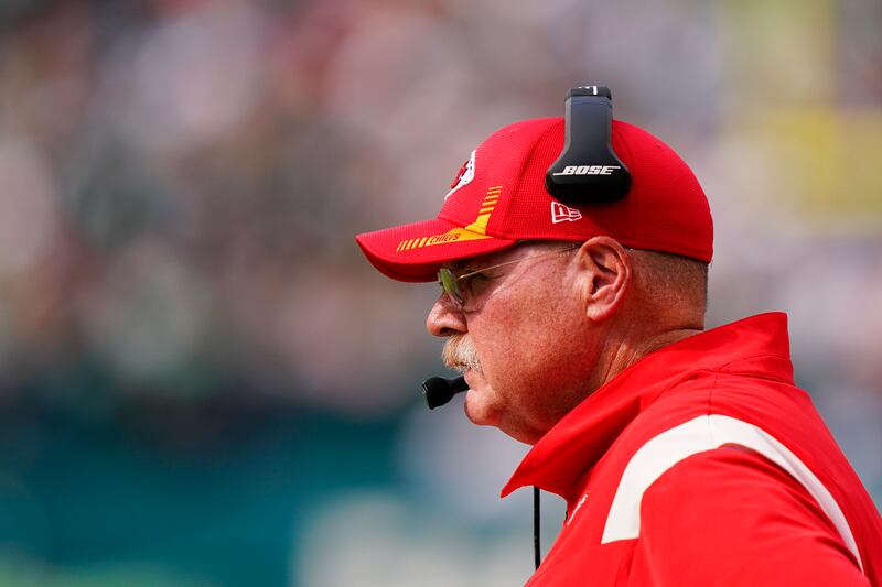 Kansas City Chiefs head coach Andy Reid in action during game against the Philadelphia Eagles, Oct. 3, 2021 in Philadelphia.