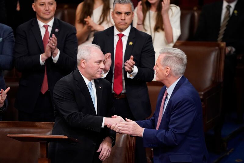 Rep. Steve Scalise, R-La., shakes hands with Rep. Kevin McCarthy, R-Calif.