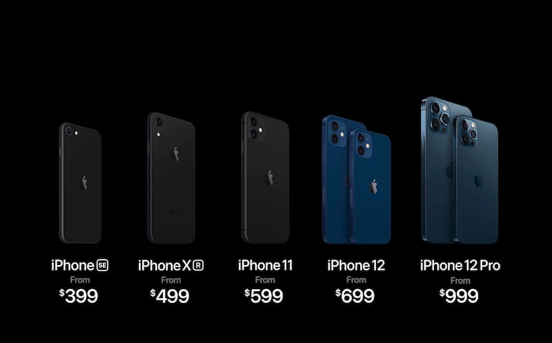 This image provided by Apple shows models of new iPhones, along with the iPhone 11 at center, showing prices, which Apple unveiled Tuesday, Oct. 13, 2020. The iPhone models unveiled will launch at different times. The iPhone 12 and 12 Pro will be available starting Oct. 23; the Mini and the Pro Max will follow on Nov. 13.