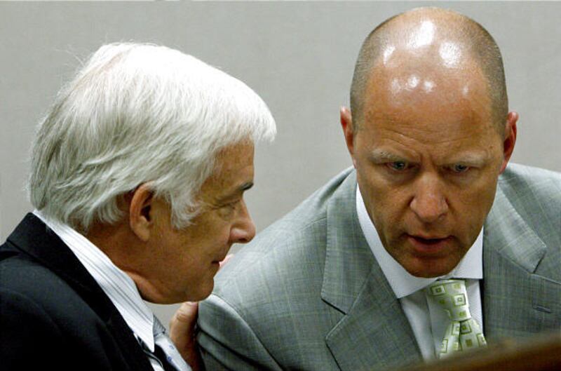 Attorney Ed Brass, left, confers with his client, ex-Sen. Sheldon Killpack, who is fighting a drunken driving charge.