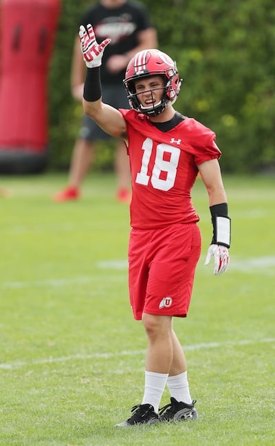 Utah Utes wide receiver Britain Covey (18) prepares to run a route during practice in Salt Lake City on Aug 2, 2018.