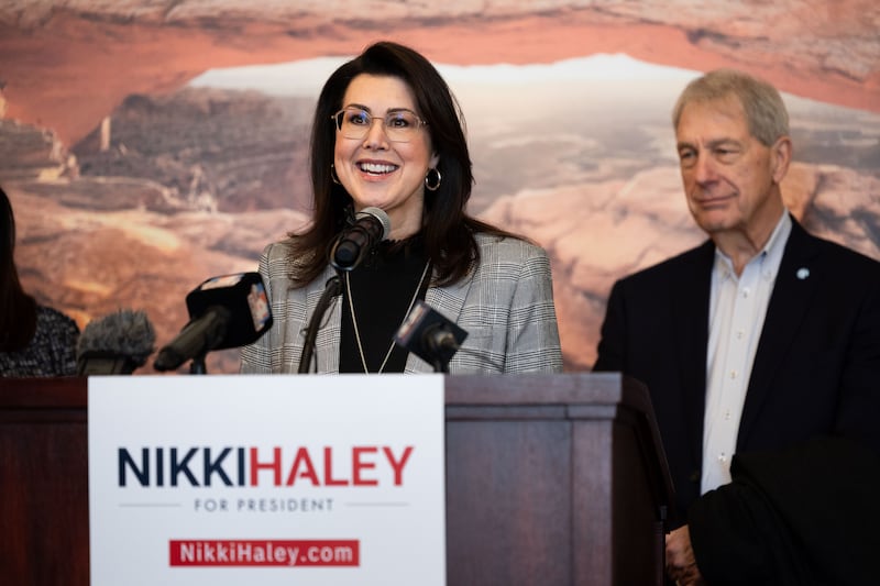 Utah Lt. Gov. Deidre Henderson announces her endorsement of Republican presidential candidate Nikki Haley on Jan. 11, 2024.