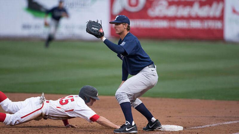Brock Whitney waits for the ball to make the tag. He was a first-team All-West Coast Conference preseason pick and was also All-WCC last season.