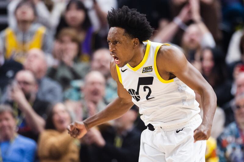 Utah Jazz guard Collin Sexton reacts during a game against the Los Angeles Lakers at Vivint Arena on April 4, 2023.