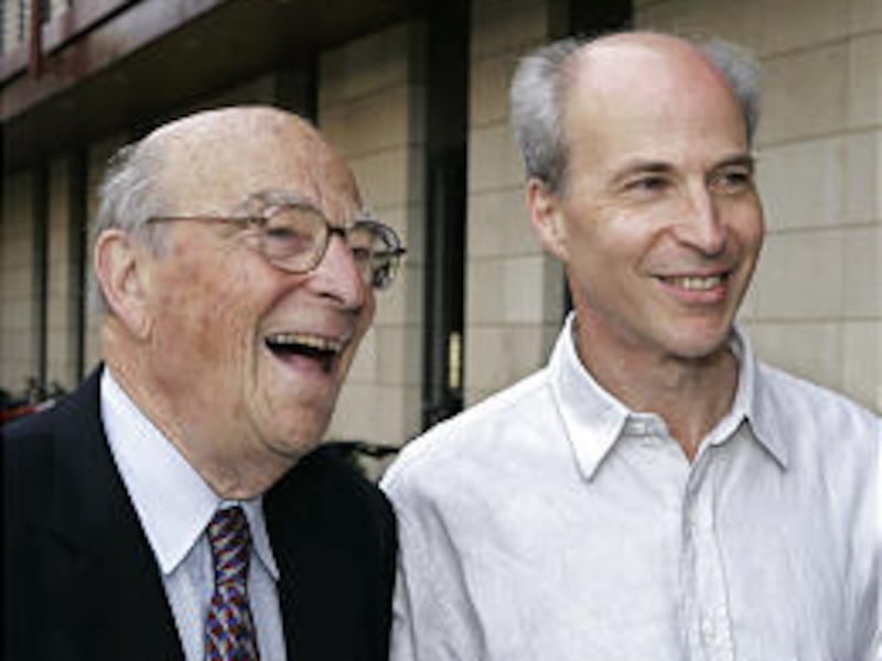 Dr. Roger D. Kornberg, right, and father Dr. Arthur Kornberg, shown Wednesday, are both Nobel winners.