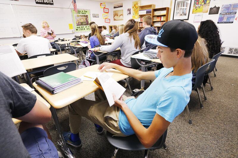FILE - Viewmont High School student Tanner Gibbons attends class in a portable classroom in Bountiful Friday, Oct. 2, 2015.