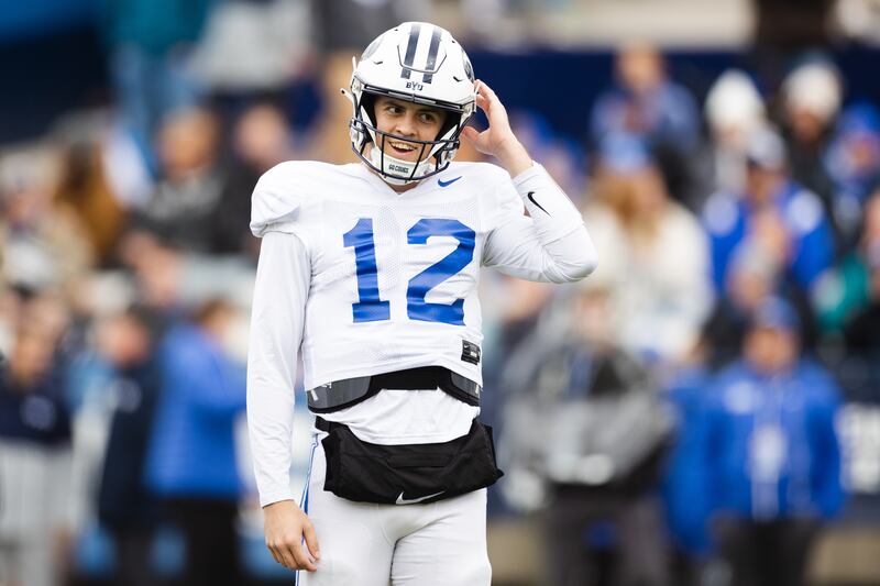 BYU Cougars quarterback Jake Retzlaff (12) reacts during the annual BYU Blue vs. White scrimmage at LaVell Edwards Stadium.