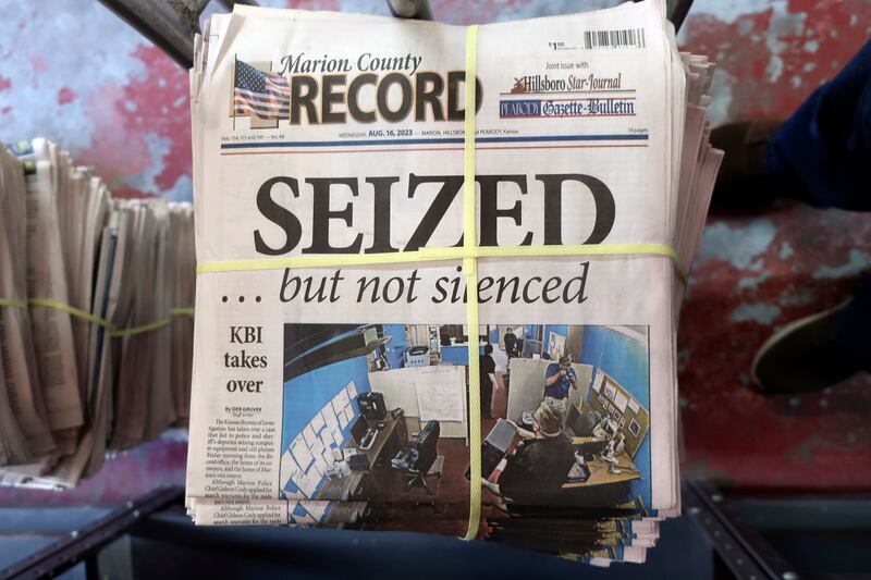 A stack of the Marion County Record is shown on Aug. 16, 2023, in Marion, Kan. The police chief who led a highly criticized raid of the small Kansas newspaper has resigned, per reports.