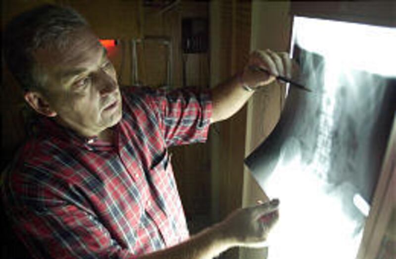 Kelly Jarvis, a Heber City chiropractor who was severely injured by a drunken driver in a 1996 automobile collision, looks over a patient's X-rays in his office.