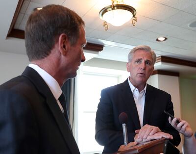 Rep. Chris Stewart and House Minority Leader Kevin McCarthy, R-Calif., and answer questions from members of the media after the fifth annual Stewart Security Summit at the Joseph Smith Memorial Building in Salt Lake City on Friday, Aug. 2, 2019.