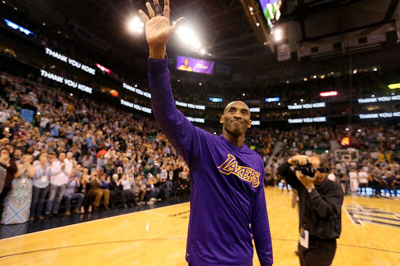 Los Angeles Lakers star Kobe Bryant acknowledges the applause from the crowd at the Utah Jazz game at the Vivint Smart Home Arena in Salt Lake City on Monday, March 28, 2016.