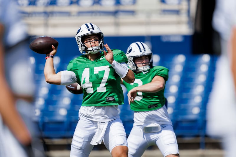 BYU QB Bear Bachmeier (47) and McCae Hillstead prepare to throw during practice Saturday, Aug. 9, 2025, at LaVell Edwards Stadium.