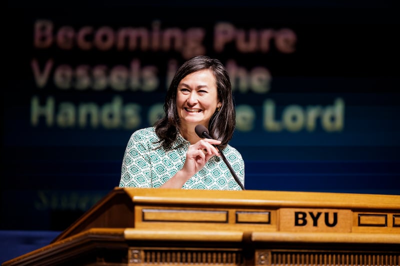 Sister Kristin M. Yee speaks in the Marriott Center during BYU Education Week in Provo, Utah, Aug. 21, 2025.