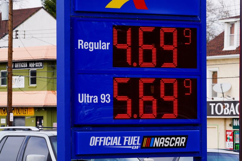High gas prices are displayed at a gas station in Philadelphia.