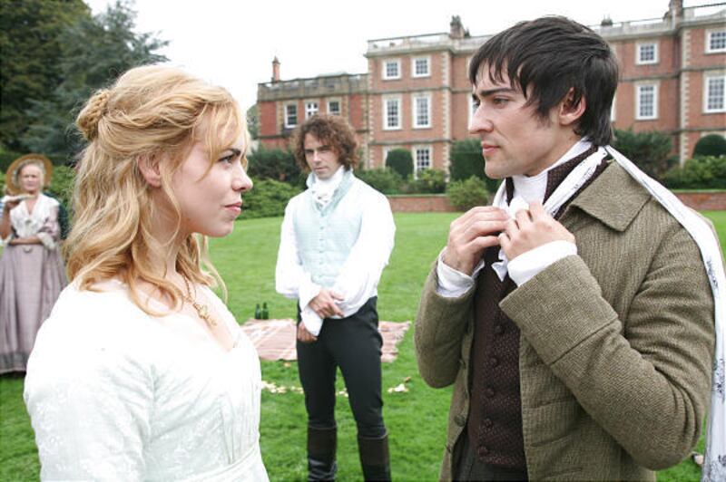Billie Piper as Fanny Price, left, Joseph Beattie as Henry Crawford and Blake Ritson as Edmund Bertram in “Mansfield Park.”