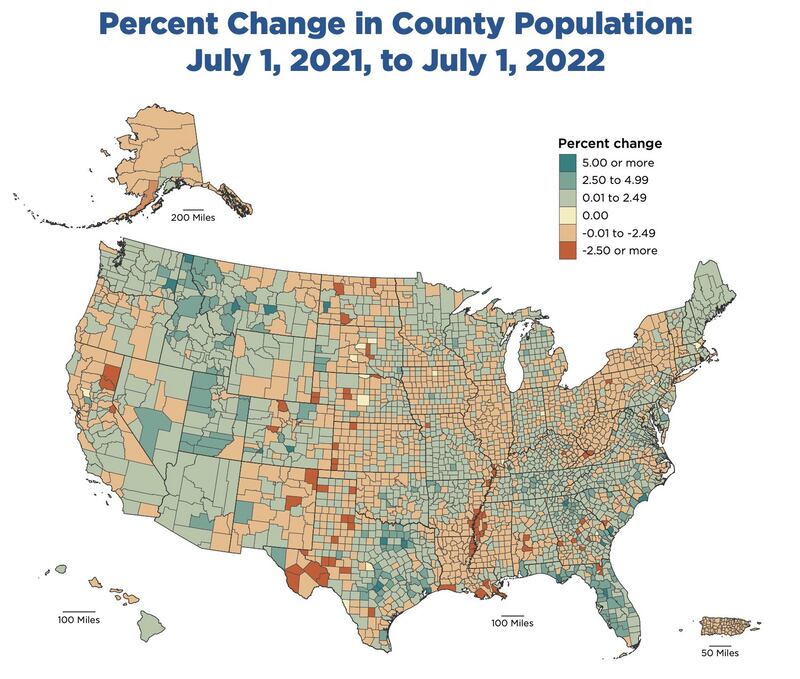 This map shows population percentage changes based on July 2021 and July 2022 population estimates. Most of Utah's counties experienced growth over the past year, as did other counties in the West and South.