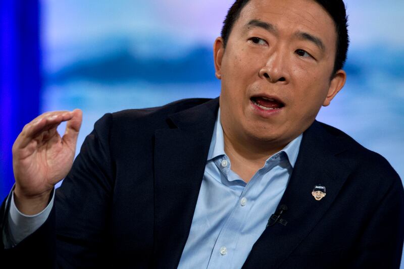 Former Democratic presidential candidate entrepreneur Andrew Yang speaks during the Climate Forum at Georgetown University, Thursday, Sept. 19, 2019, in Washington.