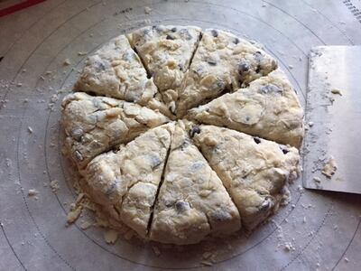 Shape your scone dough into a 7-inch disc and cut 8 chunky wedges.
