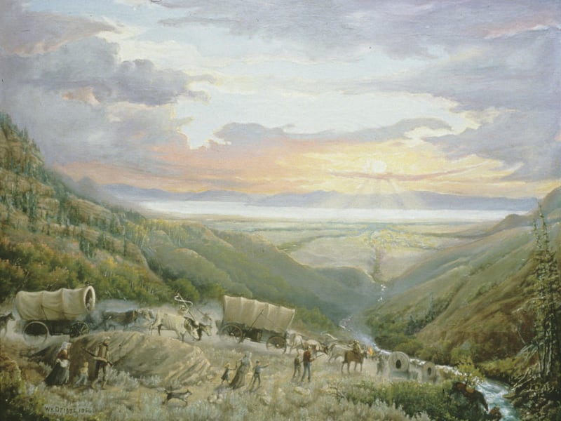 Mormon Pioneers enter the Salt Lake Valley through Emigration Canyon in July 1847.