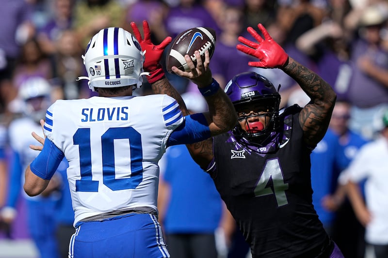 TCU linebacker Namdi Obiazorputs pressure on BYU quarterback Kedon Slovis during the Horned Frogs victory over the Cougars.