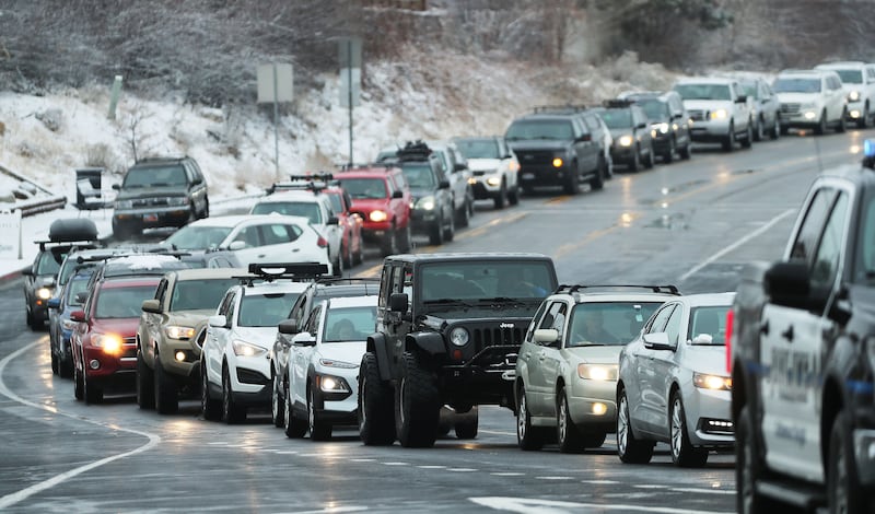 Skier traffic near the mouth of Big Cottonwood Canyon in Salt Lake City on Jan. 24, 2021. The latest Urban Mobility Report says congestion costs Salt Lake area motorists $544 last year.