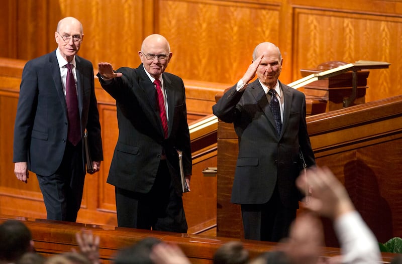 President Henry B. Eyring, Second Counselor in the First Presidency President Dallin H. Oaks, First Counselor in the First Presidency and President Russell M. Nelson exit after the General Priesthood session of the 188th Annual General Conference of The Church of Jesus Christ of Latter-day Saints.