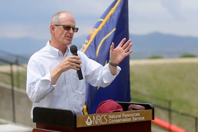 David Marble, assistant state engineer for dam safety, speaks during a ribbon-cutting ceremony for the Battle Creek and Grove Creek dams at the Battle Creek Dam and Debris Basin in Pleasant Grove on Monday, June 17, 2019.