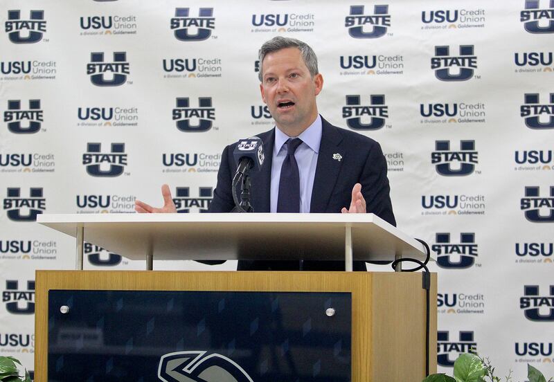 New Utah State men’s basketball coach Ryan Odom addresses Aggie fans and members of the media in Logan, Utah.