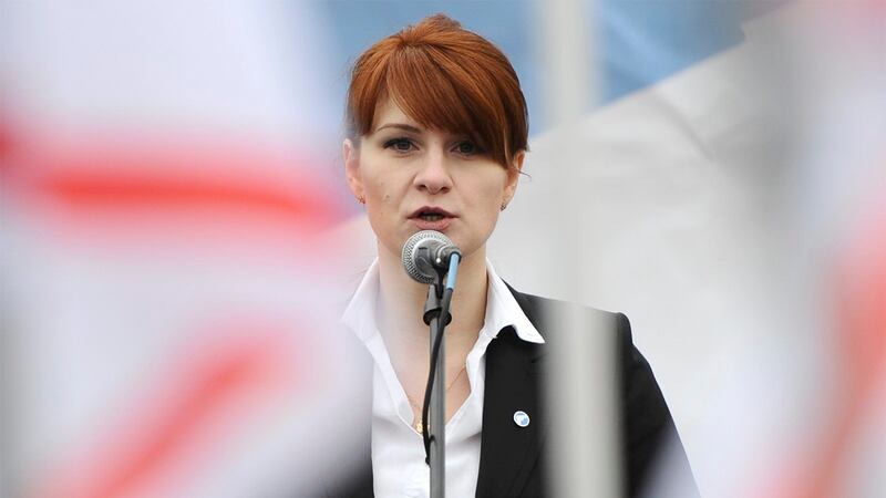 Mariia Butina, leader of a pro-gun organization in Russia, speaks to a crowd during a rally in support of legalizing the possession of handguns in Moscow, on April 21, 2013. Butina, a 29-year-old gun-rights activist, served as a covert Russian agent while
