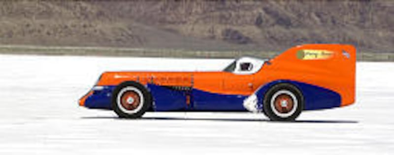 Marv Jenkins drives his Mormon Meteor III during a run Thursday on the Bonneville Salt Flats.