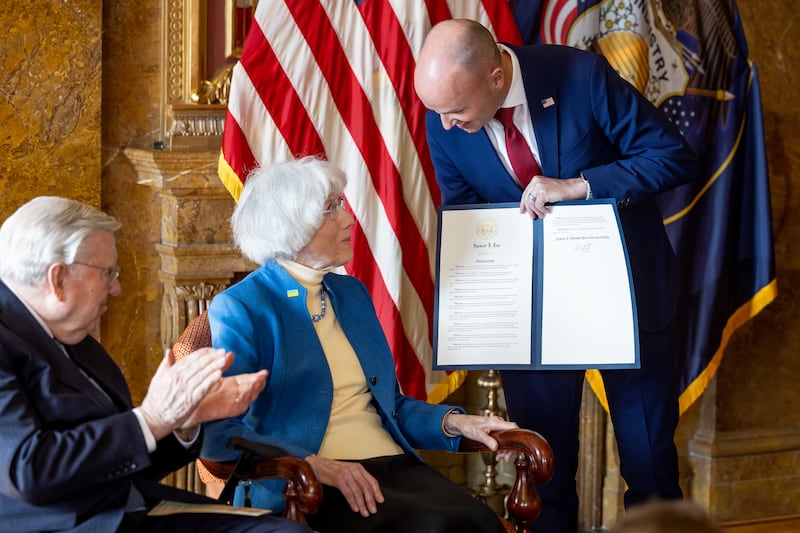Utah Gox. Spencer Cox presents Pamela Atkinson with a signed proclamation during an event at the Capitol.