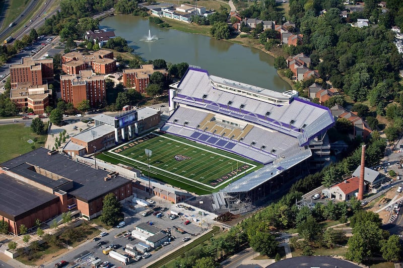 An aerial photograph of James Madison University's remodeled Bridgeforth Stadium. A $62.5 million renovation to Bridgeforth Stadium gives the Dukes a home field that looks like what a top college football program might have and is also the biggest in the