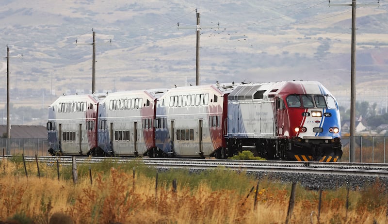 A Utah Transit Authority FrontRunner travels near Point of the Mountain in Bluffdale on Tuesday.