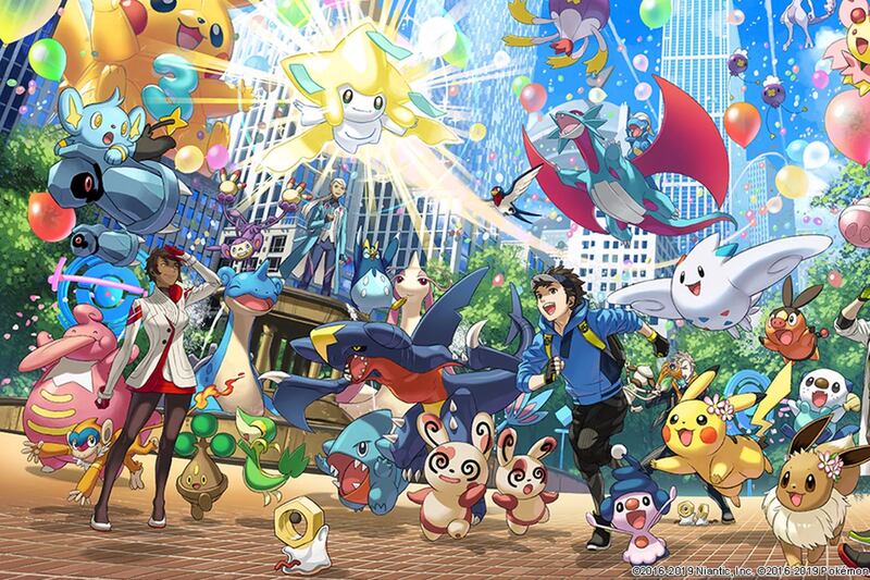 "Pokemon Go" third anniversary promotional art shows Gen 5 starters Jirachi and Mime Jr.