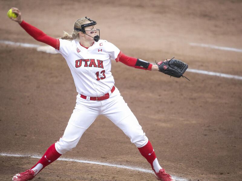 Utah starting pitcher Katie Donovan pitches against Oregon at the Dumke Family Softball Stadium on the University of Utah's campus in Salt Lake City on Sunday, March 26, 2017. Oregon went on to win, 3-0.