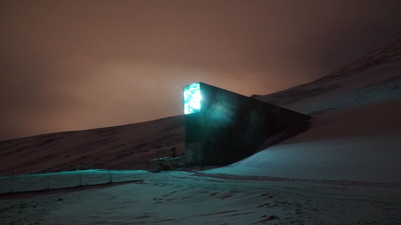 In this photo taken Sunday, Oct. 18, 2015, a view of the Global Seed Vault in Svalbard, Norway. In the first withdrawal from a doomsday seed vault in the Arctic, thousands of seeds that were originally kept in war-stricken Syria have been safely delivered