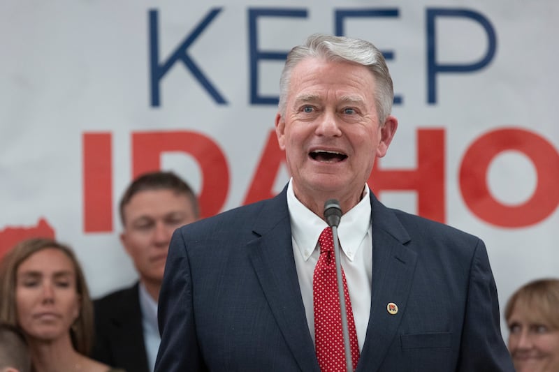 Idaho Gov. Brad Little declares victory in the gubernatorial primary during the Republican Party’s primary election celebration in Boise, Idaho.
