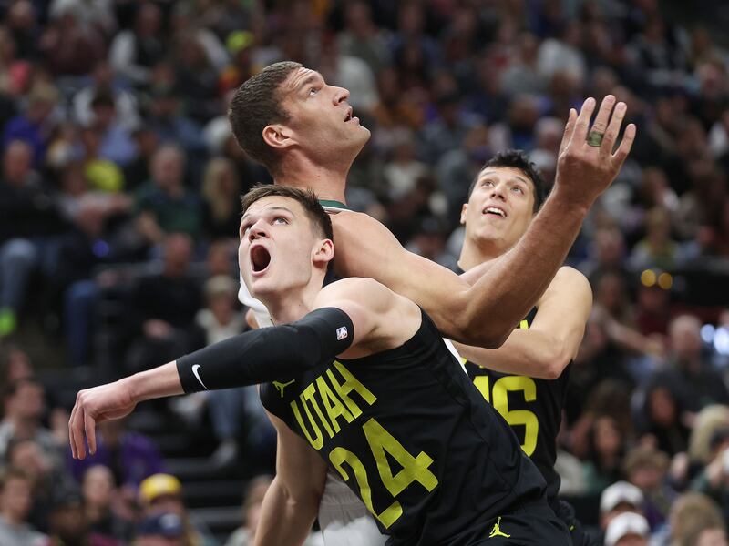 Utah Jazz’s Walker Kessler battles for position during game against the Milwaukee Bucks in Salt Lake City, March 24, 2023.