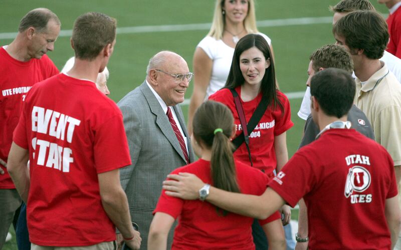 Former University of Utah tailback and Latter-day Saint apostle Elder Joseph Wirthlin is seen at the school’s fan appreciation night.