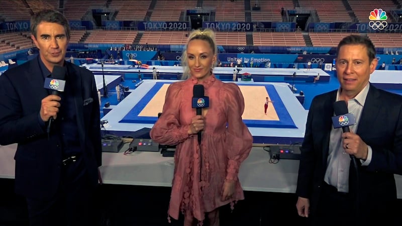 Terry Gannon, Nastia Liukin and Tim Daggett call gymnastics for NBC Sports during the Tokyo Olympics