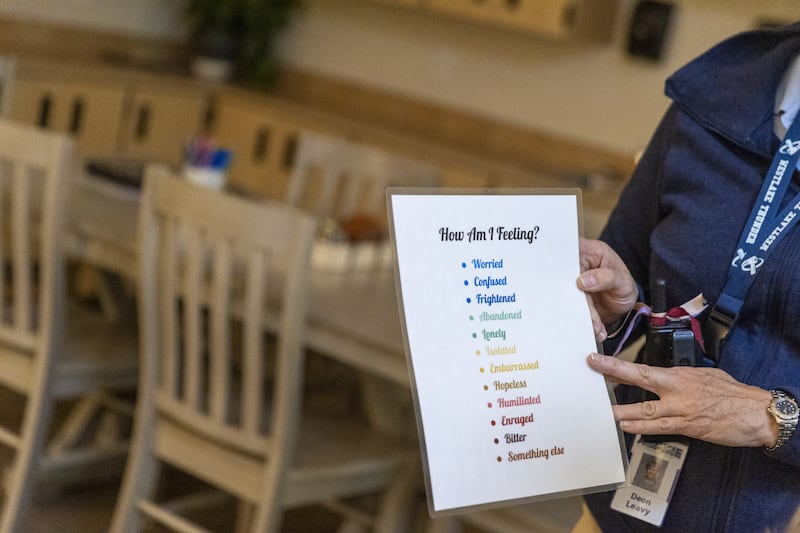 Deon Leavy, assistant principal of Westlake High School, displays a sheet in the school’s wellness center in Saratoga Springs on Thursday.
