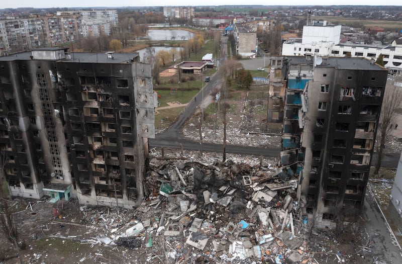 An heavily damaged apartment building fin Borodyanka, Ukraine.