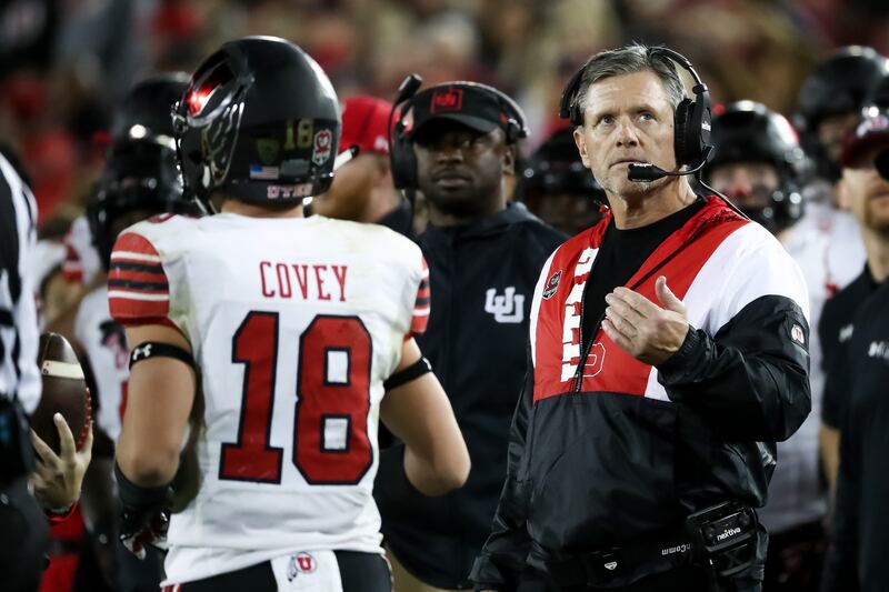 Utah Utes head coach Kyle Whittingham works the sideline during the game at Stanford Cardinal in Stanford, Nov. 5, 2021.