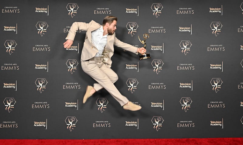 Derek Hough with the Emmy for outstanding choreography for variety or reality programming for “Dancing With The Stars.”
