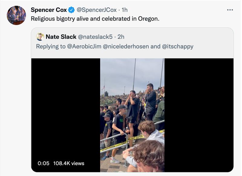 Screenshot of a video taken in which Oregon fans are heard yelling an offensive chant directed at BYU fans during the teams’ game on Saturday, Sept. 17, 2022, at Autzen Stadium in Eugene, Oregon.