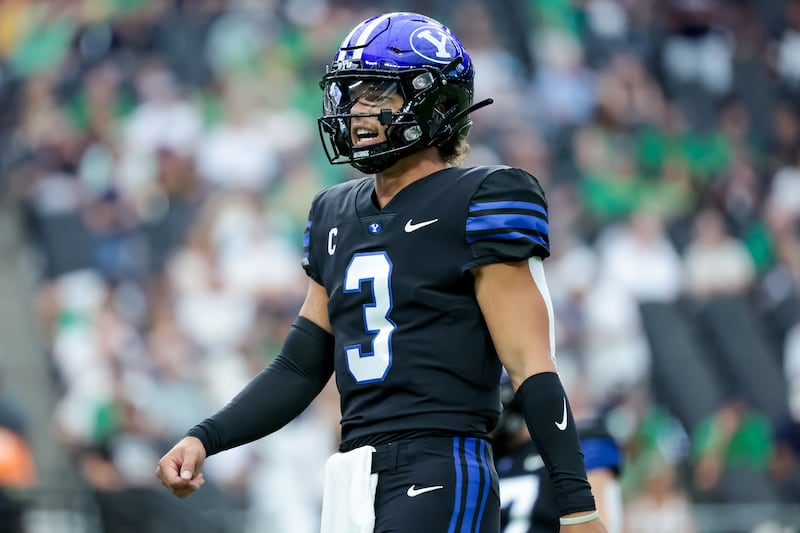 BYU quarterback Jaren Hall warms up before taking on Notre Dame at Allegiant Stadium in Las Vegas on Saturday, Oct. 8, 2022.