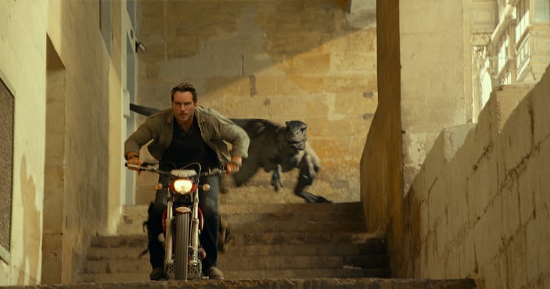 Actor Chris Pratt uses a motorcycle to evade a raptor in hot pursuit in “Jurassic World: Dominion,” which opens in theaters June 10.